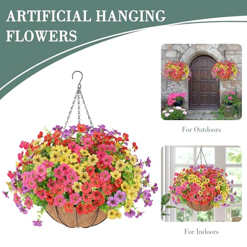 Artificial Flowers Hanging Plants in Basket,Artificial Hanging Flowers for Outdoor Indoor Decor,UV Resistant hanging Baskets with Fake Flowers for Spring Summer Patio Garden Porch Deck Home Decor - color: Multi Color, size: 1PCS