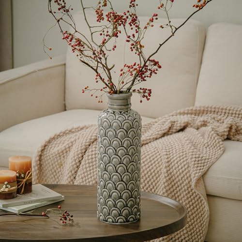 Ceramic Flower Vase, 13.98" Large Rustic Farmhouse Decorative Vase for Home Decor, Gray Textured Pottery Vase for Pampas Grass, Living Room, Entryway, Mantel, Kitchen Table - color: 102-grey