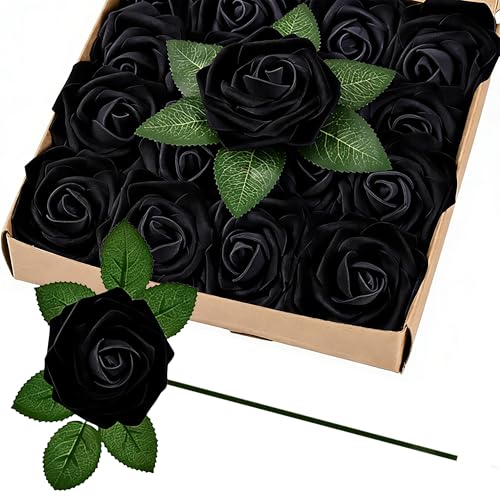 30pcs Real Looking Black Foam Artificial Roses with Stems, Fake Rose Flowers for DIY Wedding Bouquets Bridal Shower Centerpieces Home Party Tables Valentine's Day Mother's Day Decor Gift - color: 30pcs Black