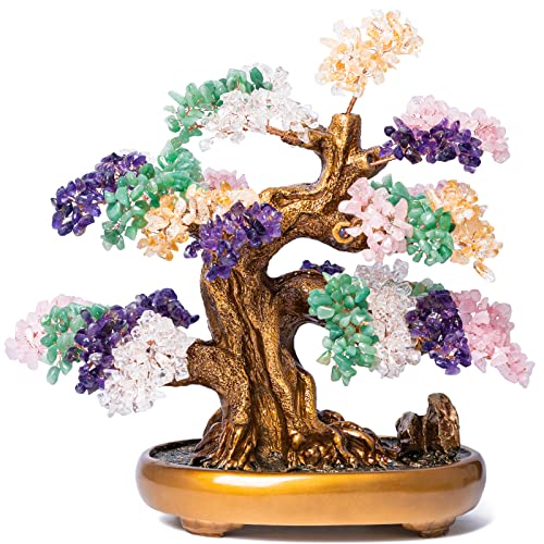 Natural Chakra Gemstone Crystal Bonsai Tree of Life Large Feng Shui Money Tree for Luck and Wealth Desk Decoration(1,251 Gem Count) - color: Mix Chakra Gemstones