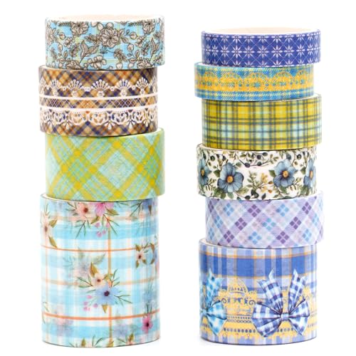 10 Rolls Vintage Floral Washi Tape Set Pastel Plaid Arts Adhesive Tapes Soft Colors Decorative Masking Tape Sets for Craft, Kids, Scrapbook, DIY, Gift Wrapping (Blue Bow) - color: Blue Bow