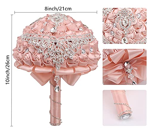 XINNI Handmade Bridal Wedding Bouquet Bride Bridesmaid Satin Rose Flower Bouquet with Drop-Shaped Rhinestone Wedding Decoration Champagne Pink - color: Champagne Pink