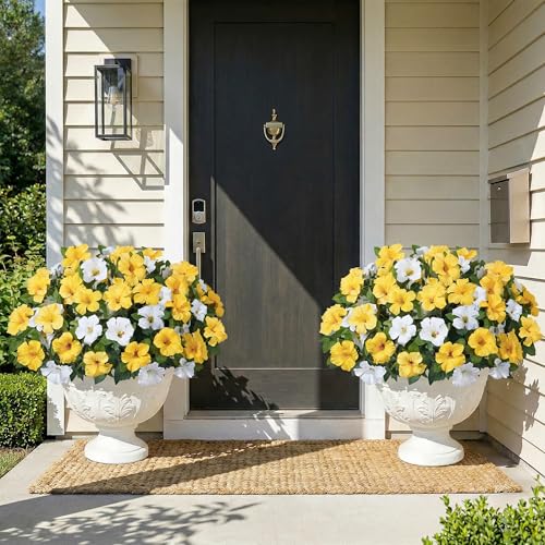 HyeFlora Artificial Flowers for Outdoors 4PCS Faux Petunias Silk Fake Flowers for Outside Planter UV Resistant Realistic Home Garden Porch Decor (Yellow 4branches) - color: Yellow 4branches