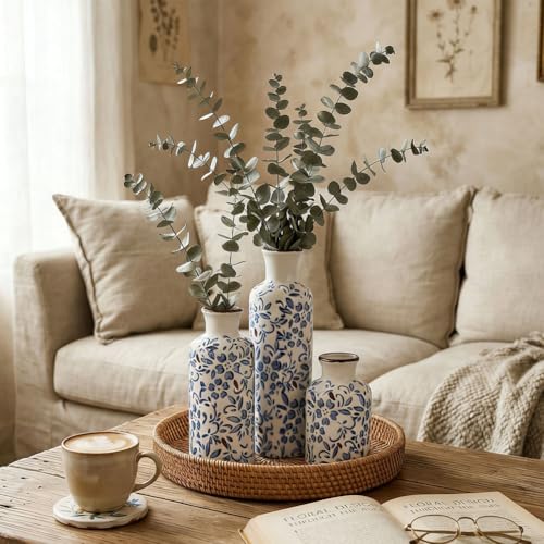 Chinoiserie Decor Ceramic Vases Set - 3 Blue and White Vase, Chinoiserie Vase Farmhouse Country, Flower Vases Home Decor, Living Room Decoration, Entrance, Fireplace, Table Decoration, Centerpieces - color: Blue Floral