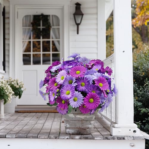 8 Bundles Artificial Silk Gerbera Daisy Flowers Fake Outdoor Bouquet Realistic Bulk Bouquet UV Resistant for Garden Front Porch Pots Home Indoor Table Vase Decoration (Purple+Blue) - color: Purple+blue