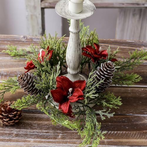 Christmas Candle Rings Xmas Small Wreath for Pillars Artificial Red Flowers Pine Cone Candle Rings 9.8” Rustic Gift Farmhouse Table Centerpiece Home Winter Decor
