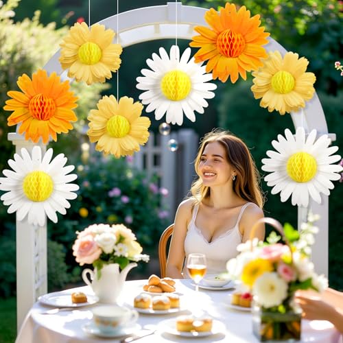 Paper Jazz 9pcs Daisy Paper Flower Decorations, White Yellow Orange Honeycomb Hanging Decor, Spring Party Celling Sign Boho Happy Birthday Supplies for Garden Classroom Baby Shower Birthday Party - color: Orange Daisy