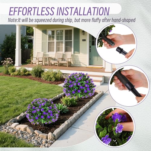 Yunlly Set of 6 Artificial Boxwood Topiary Ball Tree 16 Inch Outdoor Topiary Tree with Flower Fake Bushes, UV Resistance Faux Shrubs Evergreen Plant with Spike for Front Porch Indoor Decor (Purple) - color: Purple