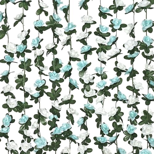 MARTINE MALL Flower Garland - 5 Strands 41Ft Rose Vines for Bedroom Decor, Blue and White Rose Floral Garland for Room Birthday Wedding Party Garden Wall Decor - color: Blue and White, size: 5 Packs