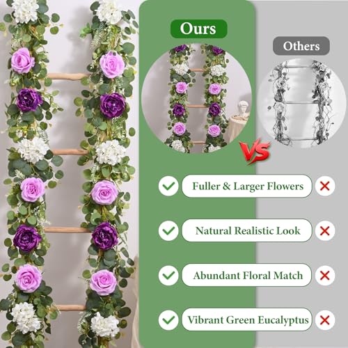 Livole 6FT Artificial Flower Garland Real Touch Fake Purple Floral Rose Peony Garland with Eucalyptus Flower Hanging Vine for Wedding Table Centerpieces Backdrop Party Arch Home Decorations - color: Purple, size: 1 Pc