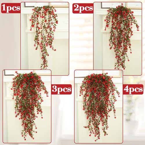 12 Pcs Red Hanging Flowers Artificial Hanging Plants Faux Eucalyptus Greenery Trailing Vines UV Resistant Plastic Plants for Indoor Outdoor Wall Garden Front Porch Home Decor - color: Red-12pcs
