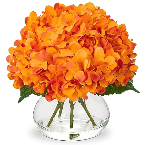 Hollyone Hydrangea Artificial Flowers in Vase Orange Silk Fake Flowers Arrangements with Glass Vase with Faux Water Faux Floral Bulk Bouquet for Office Table Centerpiece Shelf Home Decoration - color: Hydrangea, Orange