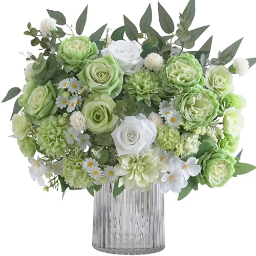 10 Pcs Mixed Artificial Flowers Set, Artificial Peony Bouquet Fake Rose Flower Silk Floral Arrangements for Table Centerpiece Home Wedding Party Bridal Vase Decoration(Green, 6 Bouquets & 4 Stems) - color: Green, size: Mixed 10pcs