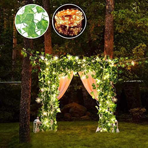168 FT Artificial Ivy Garlands with 400 LED /132FT String Light Fake Vines for Bedroom Decor Ivy Leaves Greenery Faux Hanging Plants Green Flowers Decor for Home Kitchen Garden Office Wedding Wall - size: 24pcs Ivy with 400 LED