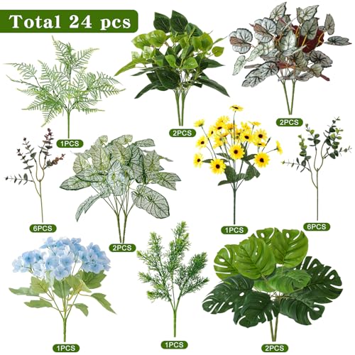 WINTS 24 Pcs Outdoor Artificial Plants UV Resistant Fake Greenery Stems Faux Shrubs for Front Porch Patio Garden Window Box Indoor Outside Home Decor