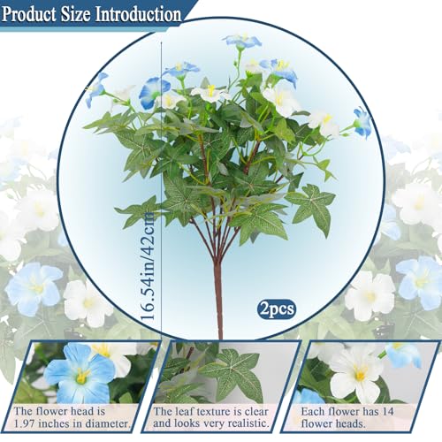 2 Pcs Artificial Flowers for Outdoors Fake Plants Outside Spring Summer Decoration Realistic Silk Morning Glory UV Resistant Faux Flowers for Planter Patio Yard Garden Front Porch Blue White - color: Blue, White