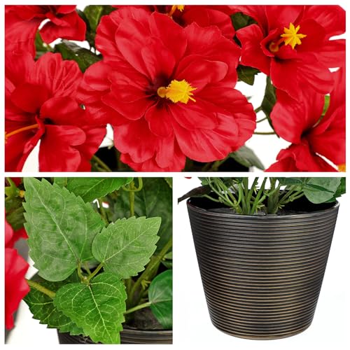 Briful Artificial Hibiscus Flowers in Brown Pot, 14.1" Faux Tropical Flower Plant for Outdoor Porch, Potted Red Hibiscus Tabletop Decor for Living Room, Dining Table, Office, Indoor Home Décor - color: 14'' Red#596
