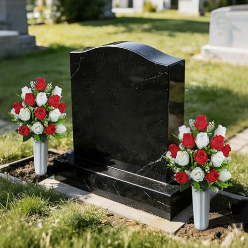 XONOR Artificial Cemetery Flowers for Grave Decorations, Artificial Memorial Roses Flowers Bouquet with Vase for Cemetery Headstones Decoration, 2 Sets (Red&White) - color: Red&white