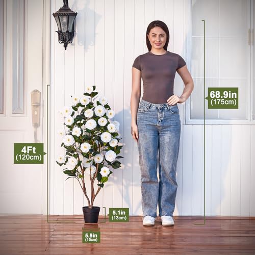 VeriNatural 48" Artificial Camellia Tree 2-Pack, Faux Silk Flowers in Cement Pot, Lifelike Greenery, No Maintenance, Perfect for Indoor/Outdoor Home Office Porch Decor - size: 48in