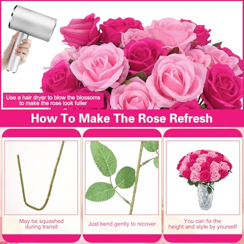 72 Pcs Artificial Roses Hot Pink, Pink Fake Silk Roses Realistic Roses Faux Flower Indoor Wedding Home Decor, Birthday Decorations - color: Pink,hot Pink