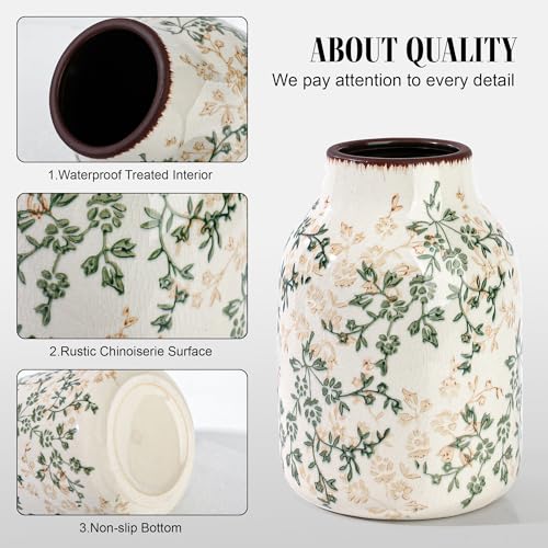 Beige and Green Vintage Rustic Ceramic Vase,Handcrafted Farmhouse Decorative Vase, Easy to Clean Perfect for Flowers Wedding Centerpiece or Shelf Decor 8Inch - size: 8.1In