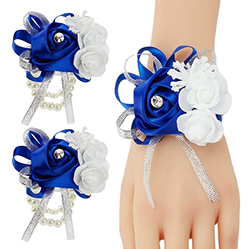 2pcs Royal Blue Wedding Wrist Corsages Faux Silk Rose for Women | for Wedding, Prom, Homecoming, and Evening Party, Wrist Corsages with Pearls for Brides, Bridesmaids, Mother of the Bride - color: 2pcs Royal Blue Wrist Corsages