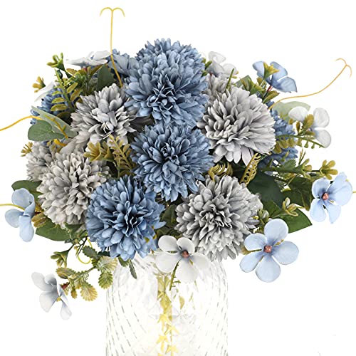 4pcs Gray Bule Artificial Flowers -20 Head Silk Chrysanthemum & Hydrangea Bouquet - Fake Wedding Party Decor for Home Garden - color: 4pcs-gray Bule