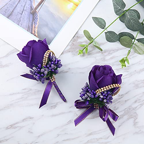 Wrist Corsage Boutonniere Set 6 Pack, Artificial Rose Bridesmaid Corsage and Groom Men Boutonniere for Wedding Party Prom (Boutonnieres Wristlet - Purple, 6 Pcs) - color: Boutonniere Corsage- Purple, size: 6 Packs