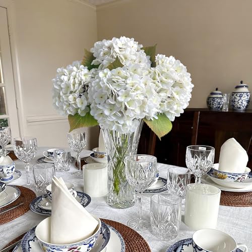 JINWOE 4PCS White Faux Hydrangea Flowers, 21" Vintage Real Touch Latex Silk Hydrangea Artificial Flowers, Fake Flowers for Bouquet Tables Cake Party Outdoor Home Wedding Centerpieces - color: White