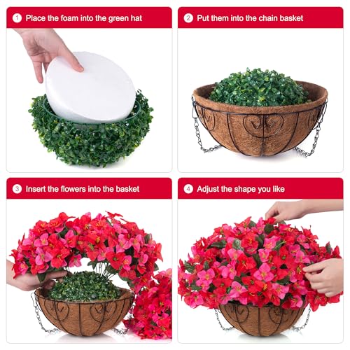 Artificial Fake Hanging Flower Plants Basket for Outdoors Spring Summer Decoration, Faux Bougainvillea Flowers in Planter Look Real UV Resistant Silk Flower for Outside Porch Patio Garden Home Decor - color: Hotpinkred