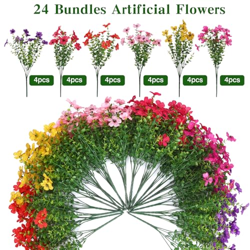 CEWOR Artificial Flowers for Outdoor Indoor, Fake Silk Daisy with Eucalyptus Leaves, Faux Flower for Garden Front Door Porch Planter Patio Home Decor (24 Bundles, 6 Multicolor) - color: 6 Color Daisy