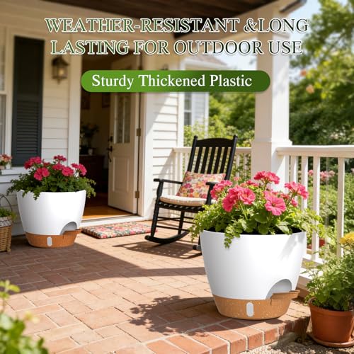Self Watering Pots with Drainage Holes, 3 Pack 12/10/8 Inch Plant Pots with Water Level Indicator Deep Reservoir, Large Plastic Planter for Indoor Outdoor Plants - White Brown - color: White Brown, size: 12+10+8 Inch Set
