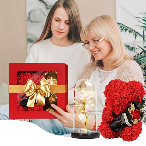 Mothers Day Rose Bear Gifts for Mom，Valentines Day Rose Gifts for Women Rose Bear for Wife + Romantic Greeting Card + Delicate Flower Lamp from Daughter & Son - color: Red