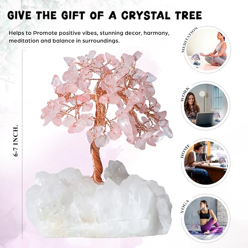 Crocon Rose Quartz Crystal Tree with White Aura Base Tree of Life Decor for Shelf, Bedroom, Birthday Gifts for Women, Sister Gift, Birthday Gifts for Mom, Cute Home Office Decor Housewarming Present - color: Bf Rose Quartz + White Aura Base