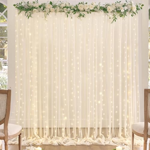 Champagne Tulle Backdrop Curtain with Lights String for Parites Wedding 5x8ft Champagne Sheer Backdrop Curtains for Bridal Shower Baby Shower Birthday Party Photo Booth Background Decorations - color: Champagne, size: 10 ft X 8 ft(2 Panels 5ft X 8ft)
