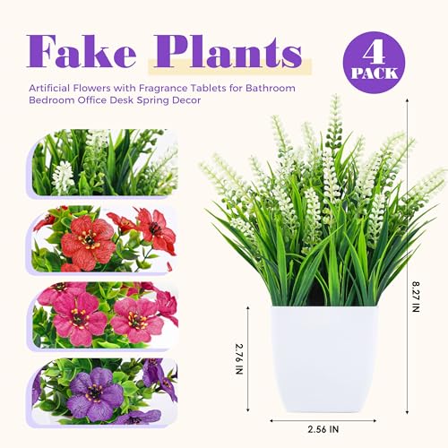 Der Rose Fake Plants 4 Pack Small Artificial Flowers in White Pots for Desk Bathroom Shelf Bedroom Office Tabletop Spring Home Decor - color: Colorful