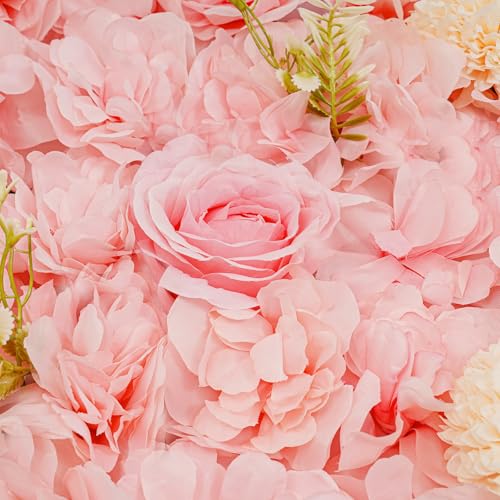 12Pcs Artificial Flower Wall Panel 3D Floral Backdrop Walls 15" X 15" Flower Wall Decor Flower Backdrop Faux Flowers Panel for Party Home Background Decor, Pink/Champagne - color: Pink, Champagne