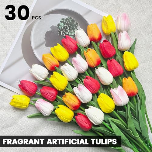 30 PCS Artificial Tulips Real Touch Tulips 13.5inch Long Stem Fake Flowers Silk Flowers for Spring Easter Mother's Day Decorations (MixedColor) - color: Multi Color