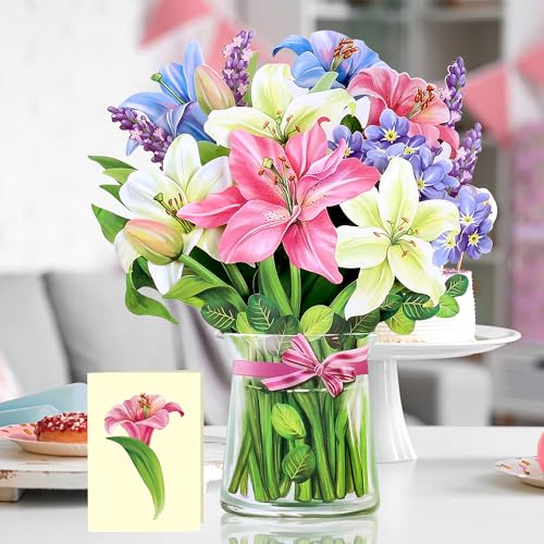 Airpark Pop Up Flower Cards, 3D Paper Flowers Bouquet Birthday Card 12’‘ with Blank Note and Envelope, Mother's Day, Get Well Greeting, Anniversary, Thank You, Easter Gifts Cards for Women Mom, Lillie - style: Lillies & Lupines