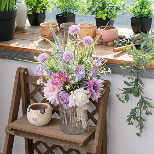 LUEUR Artificial Faux Flowers in Vase-Fake Purple Transvaal Daisy and Dandelion Flowers with Vase for Spring Decor Arrangement Decor Home Coffee Table Decor Dining Room - color: Purple & White