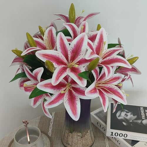 ATFL Artificial Lilies Flowers,9 Pcs Faux Lily Flowers,16''Tiger Lily Branches with 2 Full Blooms and 1 Bud,Faux Fake Lilies Plants for Wedding Bouquet Floral Arrangements (9, Pink) - color: Pink