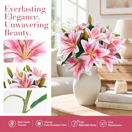 ATFL Artificial Lilies Flowers,9 Pcs Faux Lily Flowers,16''Tiger Lily Branches with 2 Full Blooms and 1 Bud,Faux Fake Lilies Plants for Wedding Bouquet Floral Arrangements (9, Light Pink) - color: Light Pink