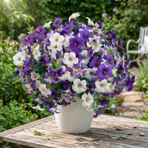 12 Bundles Artificial Flowers for Outdoors Fake Plants Spring Summer Decor, Realistic Fake Silk Flowers Colorful Morning Glory UV Resistant for Porch Outside Planter Porch Patio Yard (Purple-White) - color: White-purple, size: 12PCS