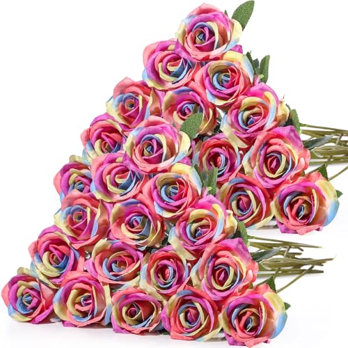 Hotop 40 Pcs Rose Artificial Flowers Bulk with Long Stem,Realistic Silk Fake Roses Bouquet for Home Wedding Centerpieces Party Table Decoration Valentines Gifts(Rainbow Color) - color: Rainbow Color