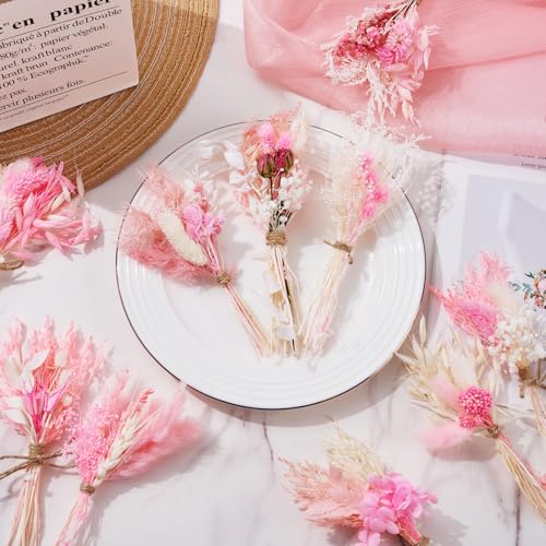 12/24 PCS Charming Dried Flowers Bouquet for Vase Various Dried Wildflowers with Stems Mini Handmade Wildflowers Natural Real Flowers Bulk Flowers Craft (Pink, 12 PCS) - color: Pink
