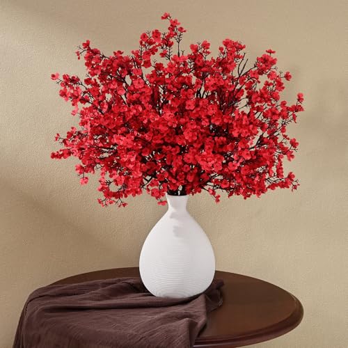 Waipfaru Red Fake Flowers, 15 Pcs Babys Breath Artificial Flowers, Real Touch Silk Flowers Fall Stems for Spring Summer Fall Thanksgiving Christmas Decor Floral Arrangement - color: Red, size: 15pcs