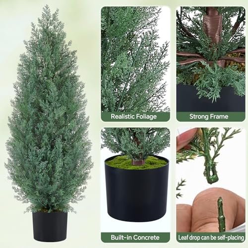 3Ft Artificial Cypress Trees (Set of 2) Outdoor Indoor, Realistic Faux Potted Cedar Trees with UV Protection, FakeTopiary Trees in Cement Pot for Entryway Patio Porch Garden Office Home Decor - size: 3FT
