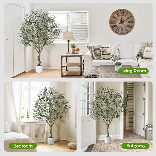 Jocoevol Olive Trees Artificial Indoor, 6FT Tall Faux Olive Tree with White Tall Planter, Artificial Plants with Natural Wood Trunk and Lifelike Fruits for Home Office Decor, 1 Pack - size: 6ft