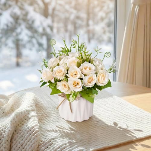 Fake Flowers with Vase,White Roses Artificial Flowers in Vase | Faux Flower Plant Arrangement,No Maintenance Faux Flower Arrangement, 6.3 Inch Realistic Table Decor for Home Office Wedding - color: White