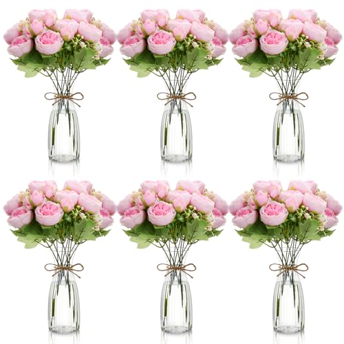 Thiccywoov 19 Pack Artificial Peony Flowers with Vase Bulk, 12 Bundles Faux Peony Bouquet 6 Vase with 1 Rope Silk Flower Arrangement Wedding Table Centerpiece for Wedding Bridal Shower(Hot Pink) - color: Hot Pink